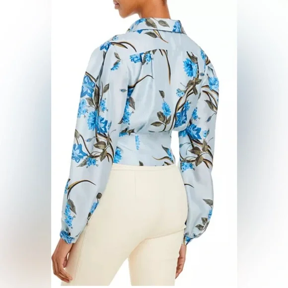 Alberta Ferretti White and Blue Wrap Blouse with Notched Collar